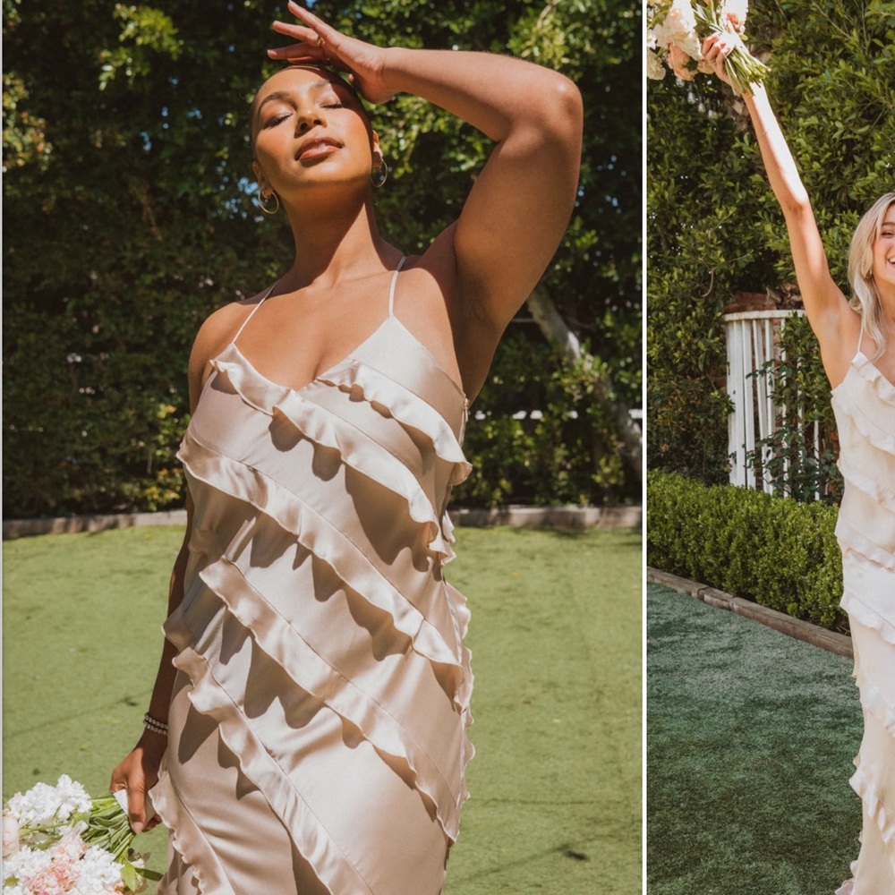 *ISO* Show Me Your MuMu Romance Ruffle Dress in Luxe Champagne Satin!
